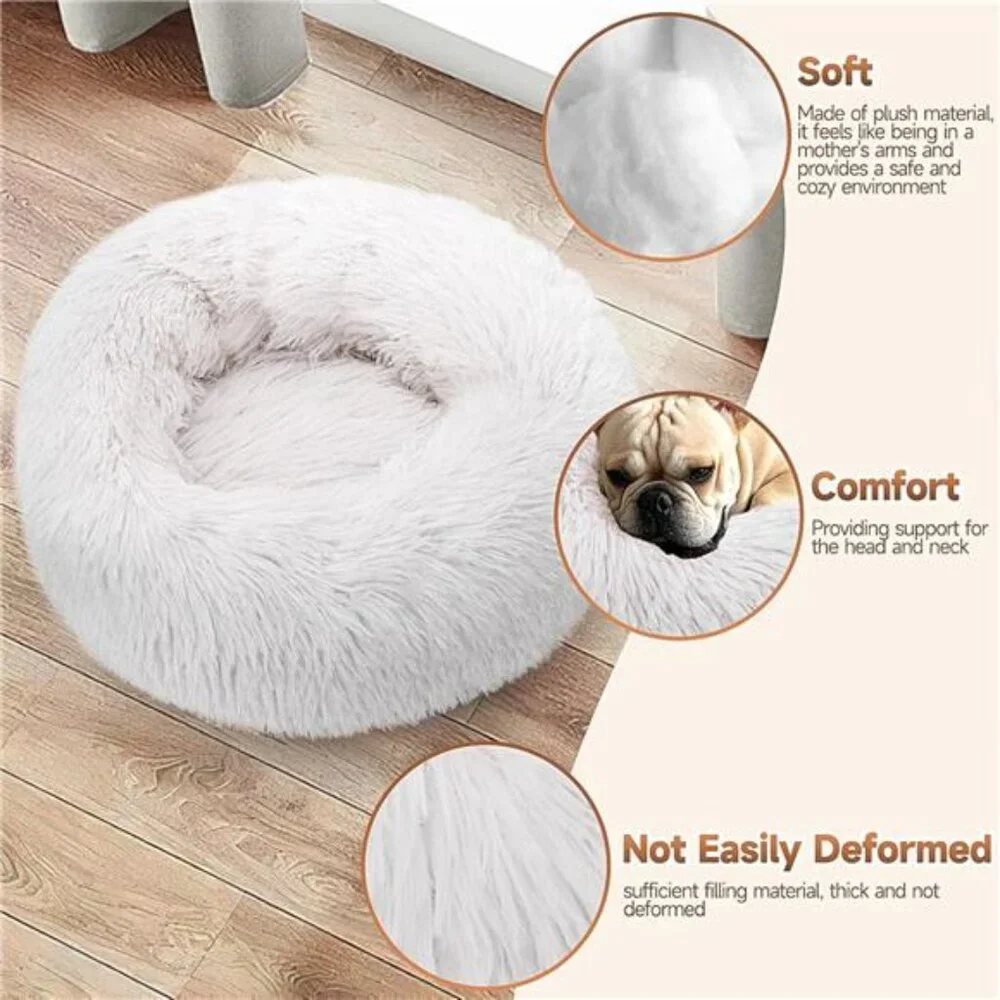 Dog Cat Bed 2 Pack Medium Donut Calming Round Fluffy Washable Pet Bed Grey White